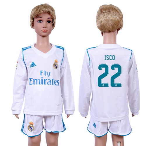 Real Madrid #22 Isco Home Long Sleeves Kid Soccer Club Jersey - Click Image to Close